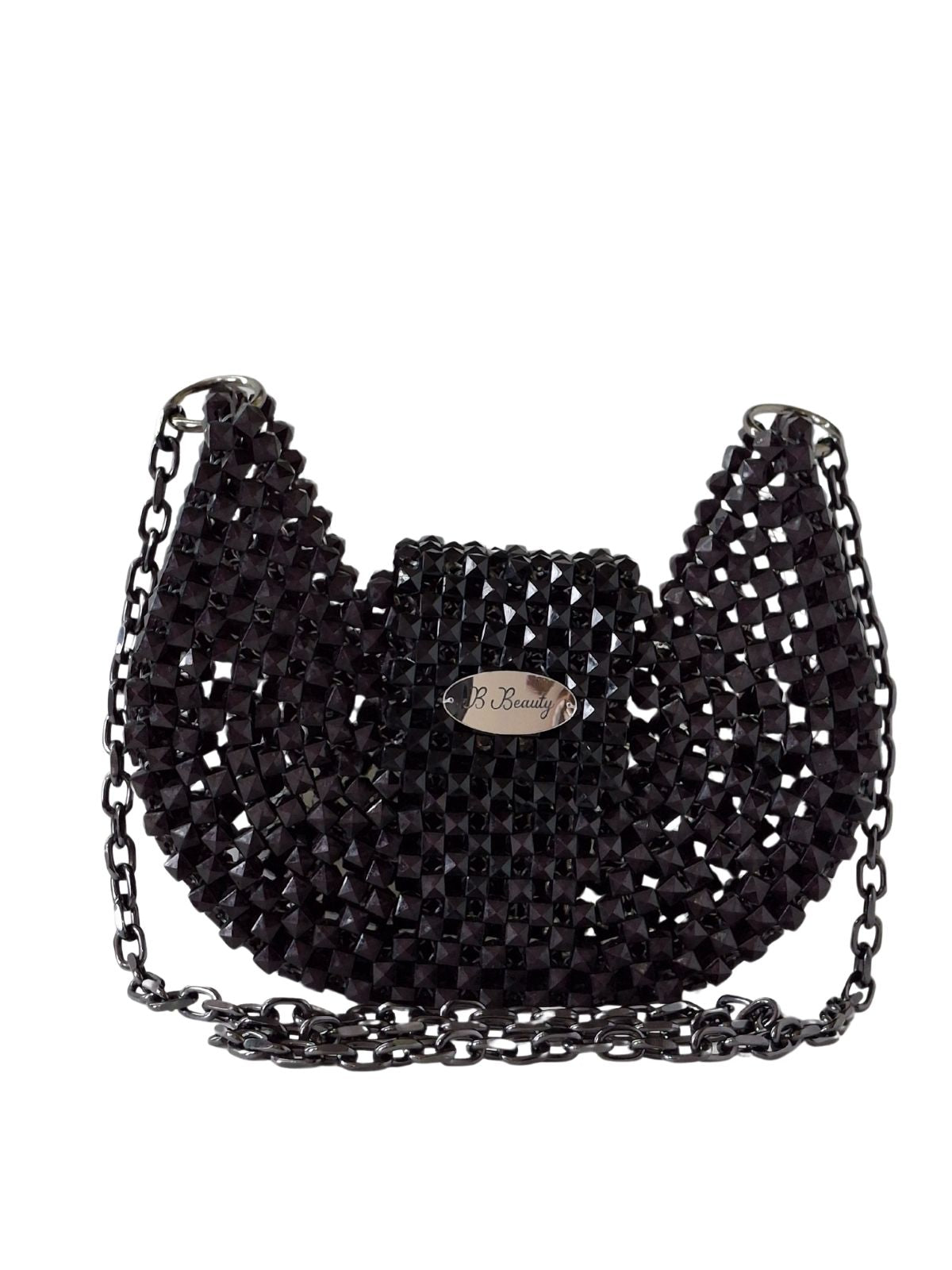 Black beaded handbag with chain strap on a white background