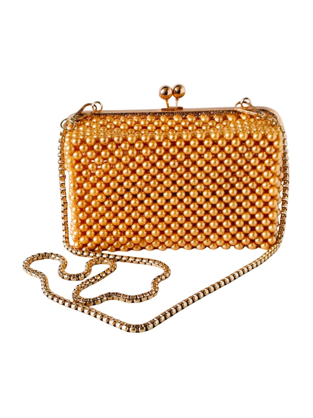 Gold beaded clutch bag with a chain strap on a white background