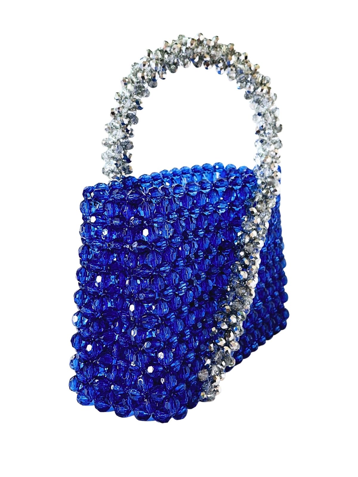 Blue beaded handbag with silver handle on a white background