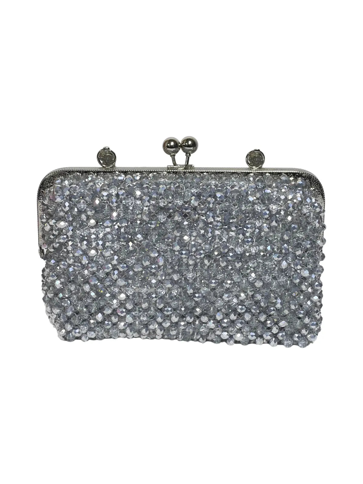 Silver glittery clutch bag on a white background