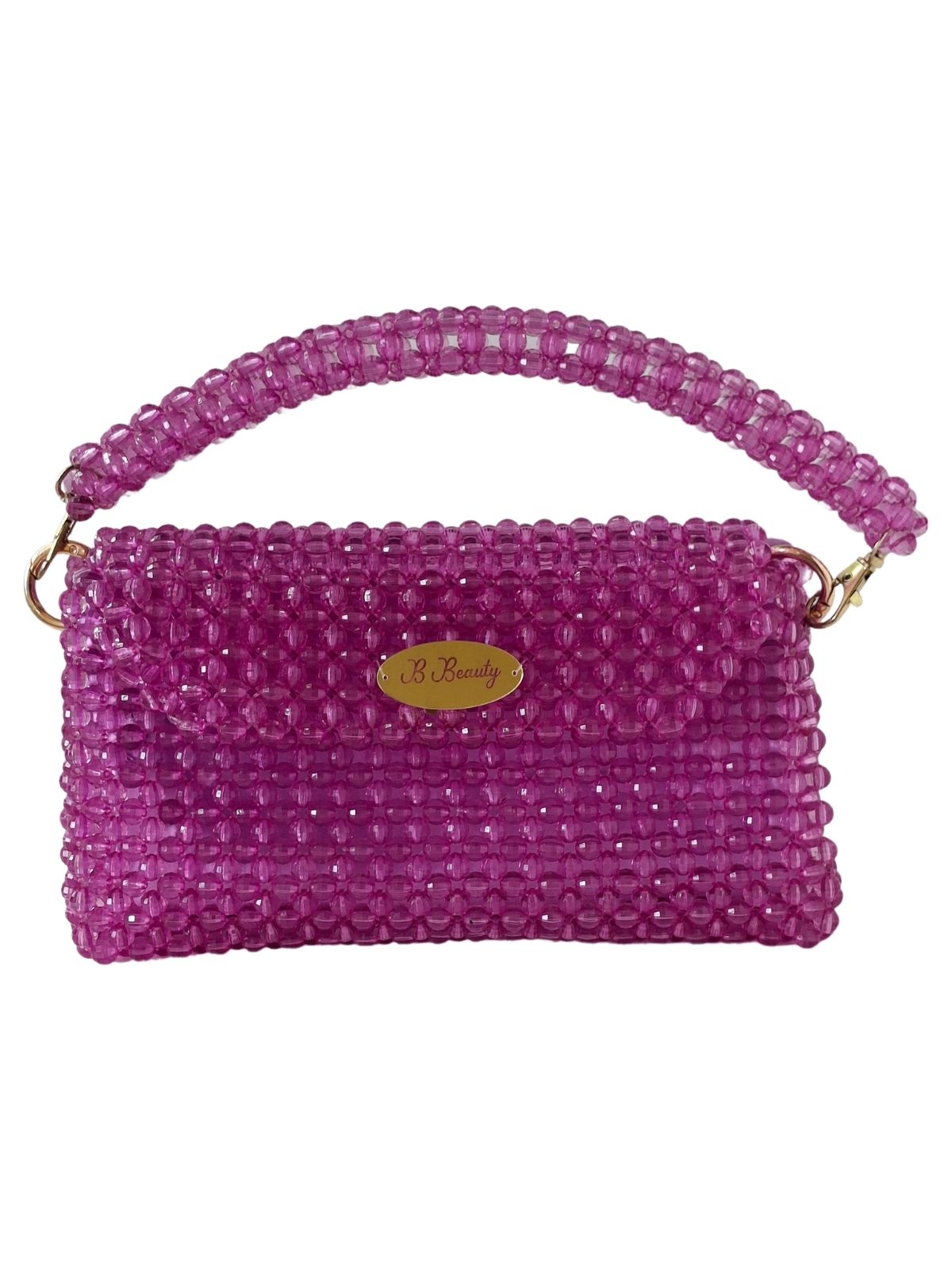 Pink beaded handbag with a visible brand logo on a white background