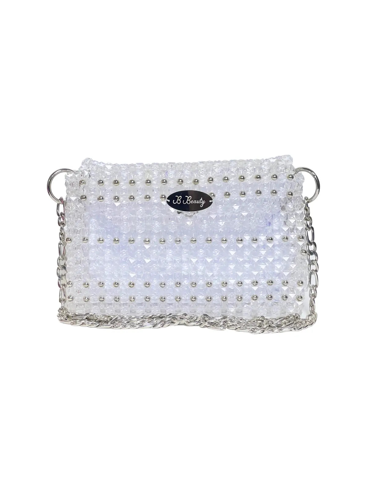 White clutch bag with pearl embellishments on a white background