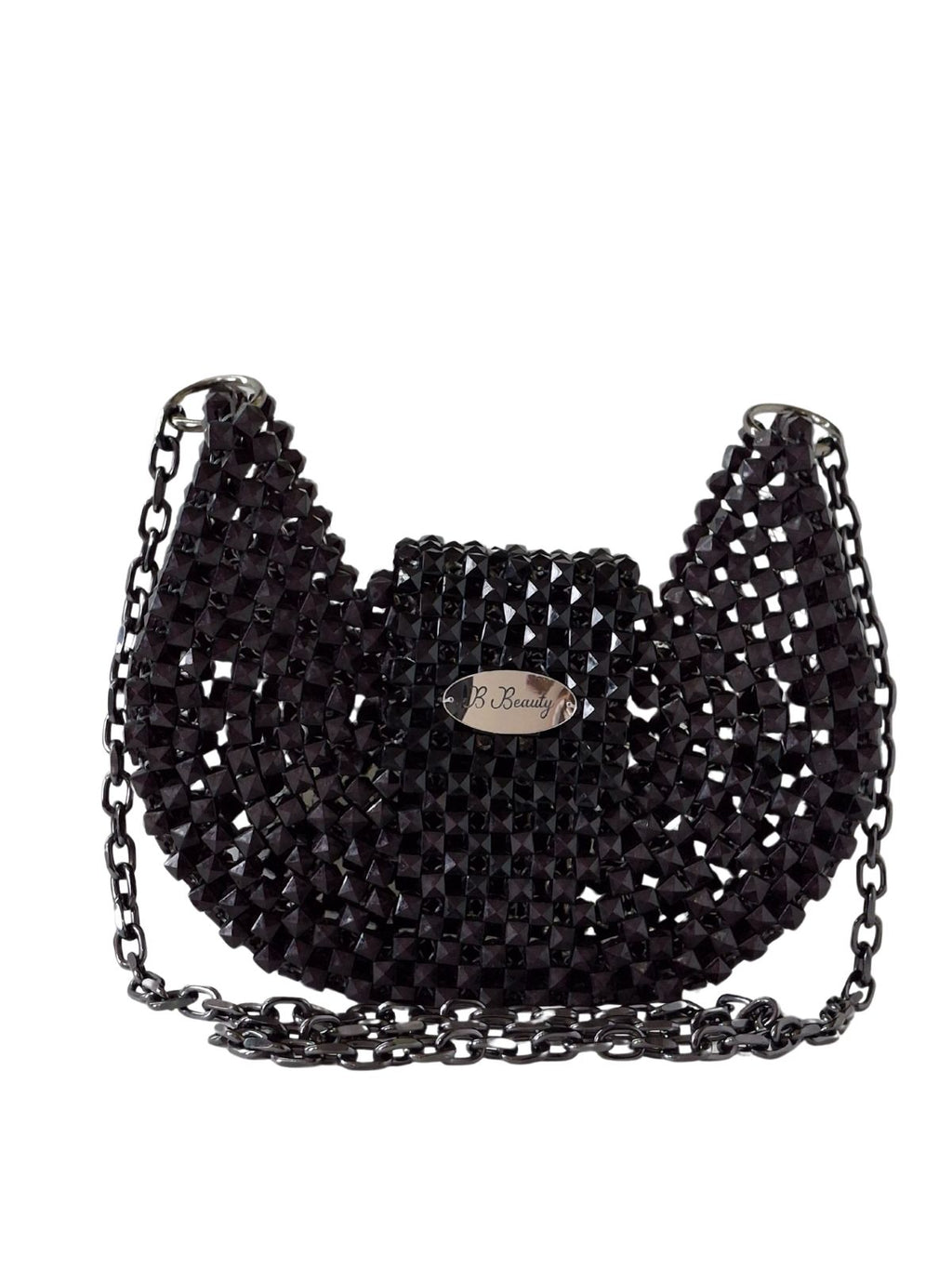 Black beaded handbag with chain strap on a white background