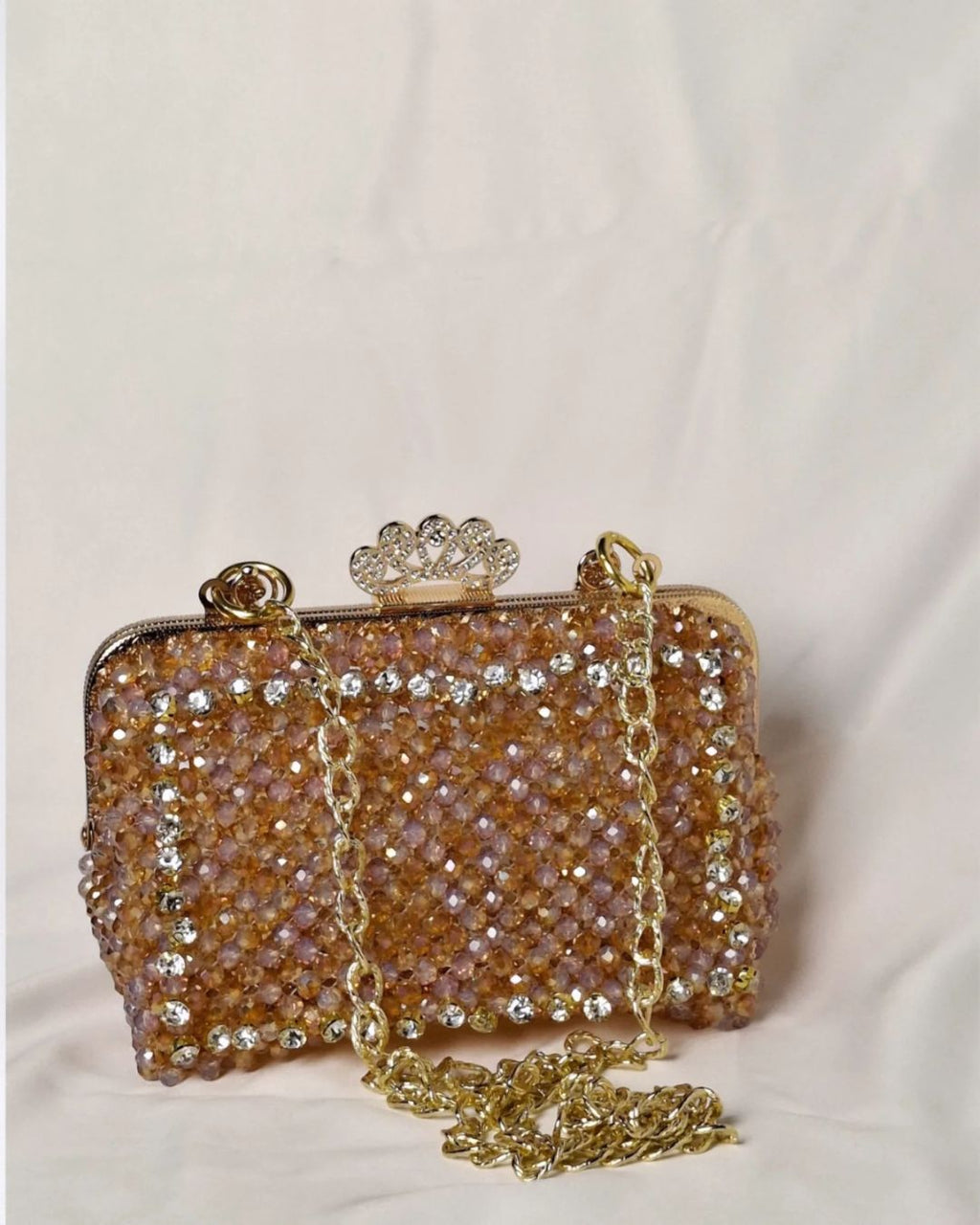 Handmade gold crystal beaded clutch bag for weddings and evening events