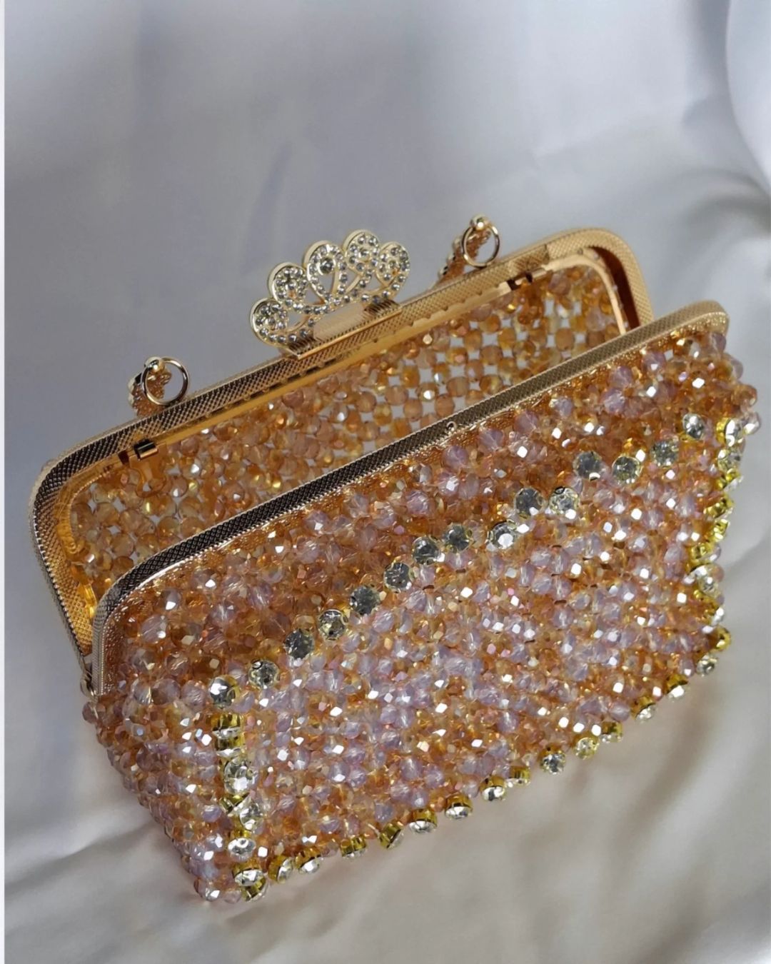 Handmade gold crystal beaded clutch bag for weddings and evening events