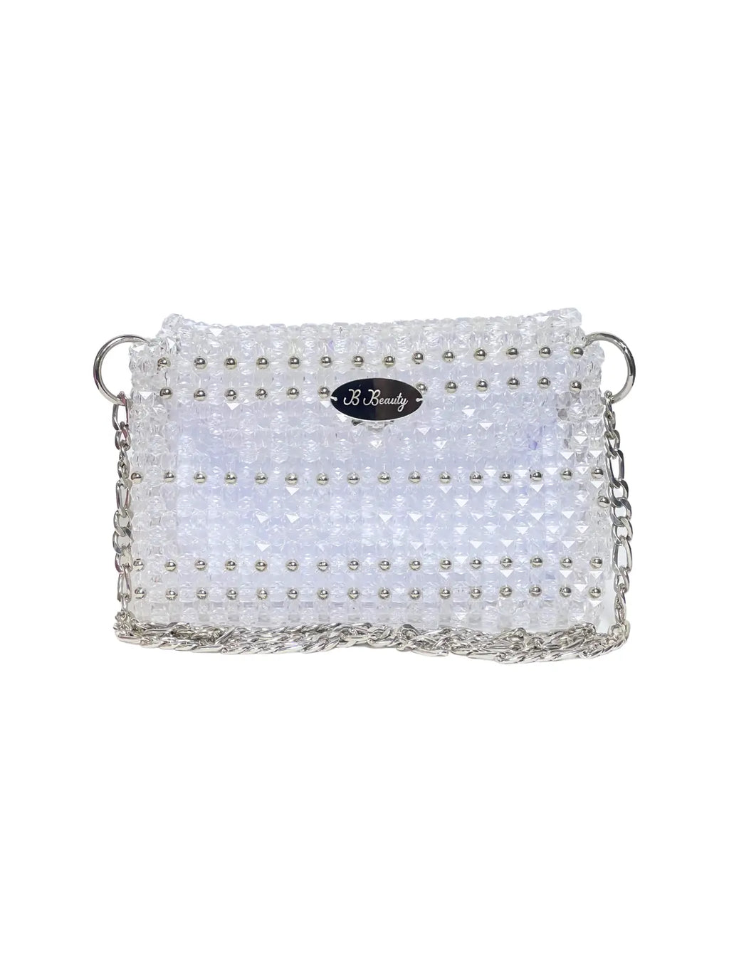 White clutch bag with pearl embellishments on a white background